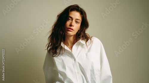Fashionable young woman with a relaxed stance wearing a crisp white shirt.