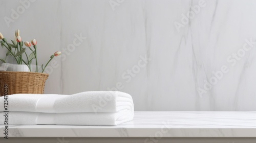 Spa concept with plush white towels and fresh tulips in a basket on a marble background. #723470239