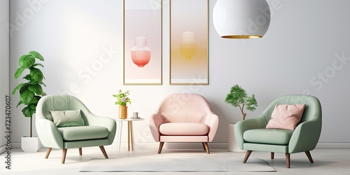 Modern flat interior with white  grey  and green chair  round table  pastel lamps  sofa  and pink armchair.