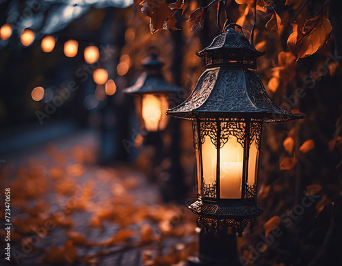 Ornate Lanterns Aglow Amongst Twilight Leaves, detailed, realistic, cinematic, professional photography. clearly picture, high contrast, indian, india.