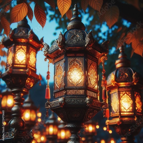 Ornate Lanterns Aglow Amongst Twilight Leaves, detailed, realistic, cinematic, professional photography. clearly picture, high contrast, indian, india.