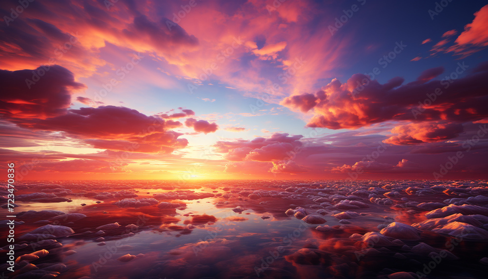 Dramatic sky reflects vibrant sunset, creating tranquil seascape beauty generated by AI