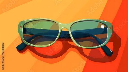 Óculos de sol verdes com reflexo sobre fundo laranja e vermelho