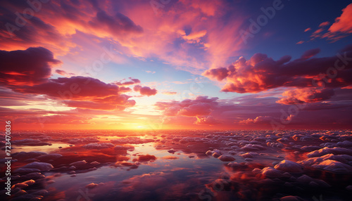Dramatic sky reflects vibrant sunset  creating tranquil seascape beauty generated by AI