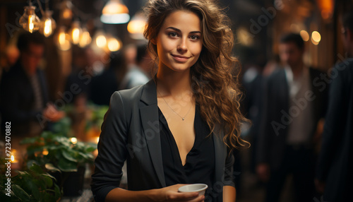 Young woman in a suit, confident and smiling, outdoors at night generated by AI
