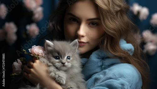 A cute kitten embracing a smiling woman, pure love generated by AI