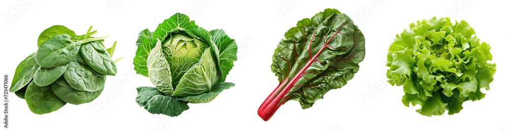 Spinach, cabbage, chard leaves and lettuce over isolated transparent background Spinach, cabbage, chard leaves and lettuce over isolated transparent background