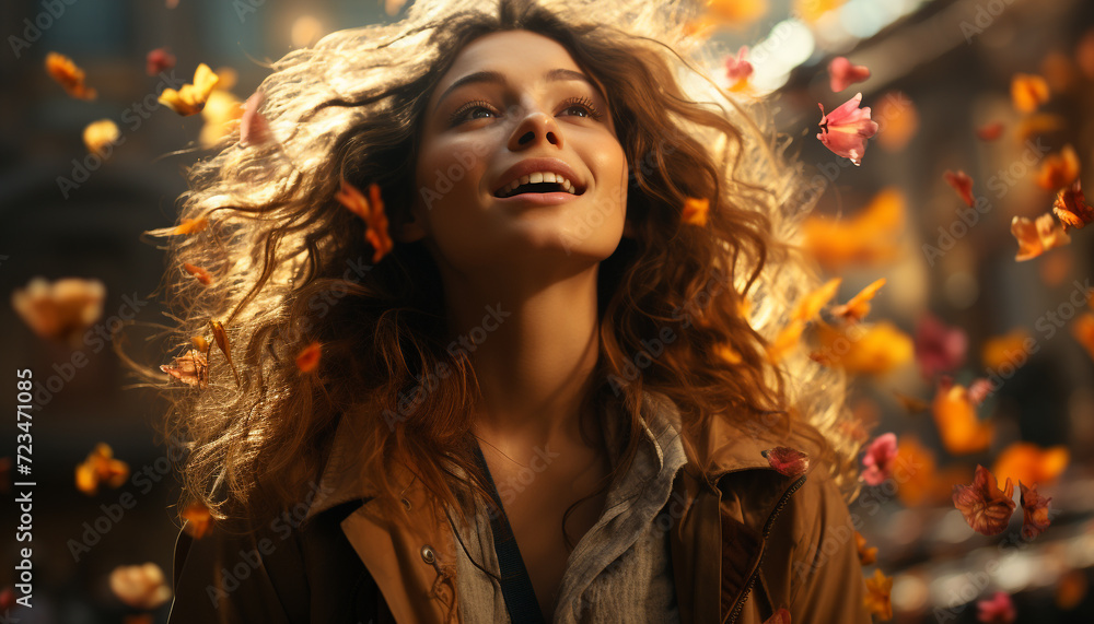 Smiling woman enjoys autumn, nature beauty, and cheerful laughter generated by AI Smiling woman enjoys autumn, nature beauty, and cheerful laughter generated by AI