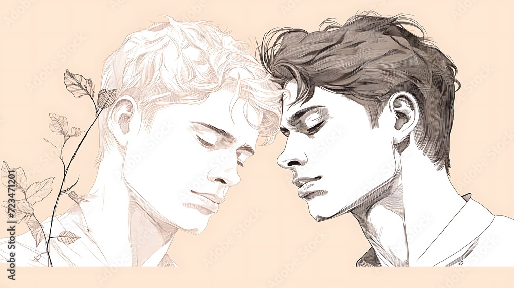 Almas entrelaçadas em esboço digital evocativo de dois perfis masculinos Almas entrelaçadas em esboço digital evocativo de dois perfis masculinos