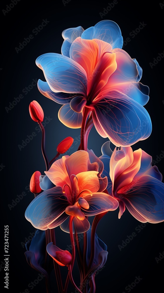 Vibrant 3D Orchids Illustration with Luminous Veins on Black