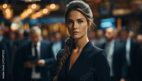 Confident young businesswoman in a stylish suit, looking at camera generated by AI