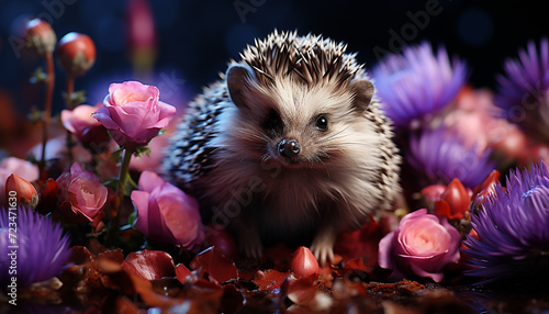 Cute hedgehog looking at a purple flower in nature generated by AI