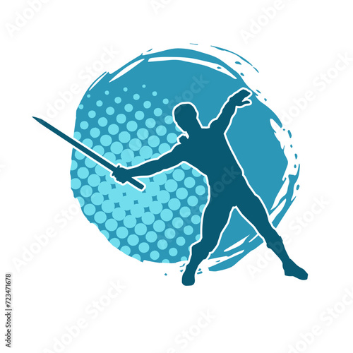 Silhouette of a male warrior in action pose with sword weapon. Silhouette of a man fighter carrying sword weapon.