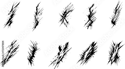 Collection of 10 abstract brush designs. Effects of cracks  flashes  strikes  strokes. Abstract scribbles isolated background. Vector set of brush effects for your designs