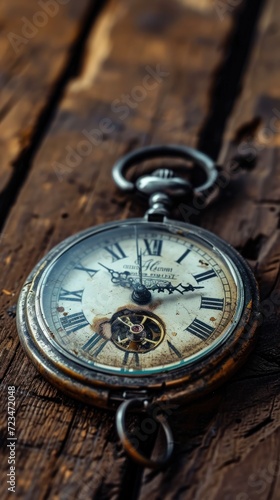 Old pocket watch on grungy wooden desk. Focus is on of clock face plate