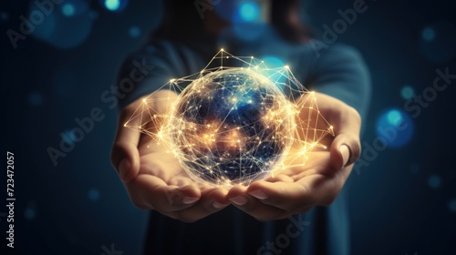 Businessman hold the world connection on hand.\ Generate AI image