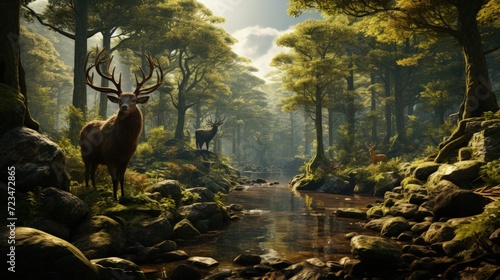 A herd of deer grazing in a forest clearing