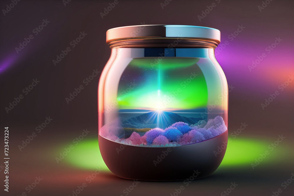 Aurora borealis inside a glass jar, on a reflective surface_Generative AI_1.
