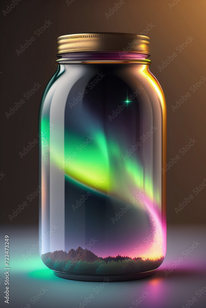 Aurora borealis inside a glass jar, on a reflective surface_Generative AI_5. Aurora borealis inside a glass jar, on a reflective surface_Generative AI_5.