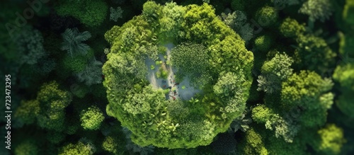 Aerial top view green forest with globe earth, Green planet in your hands, Save Earth