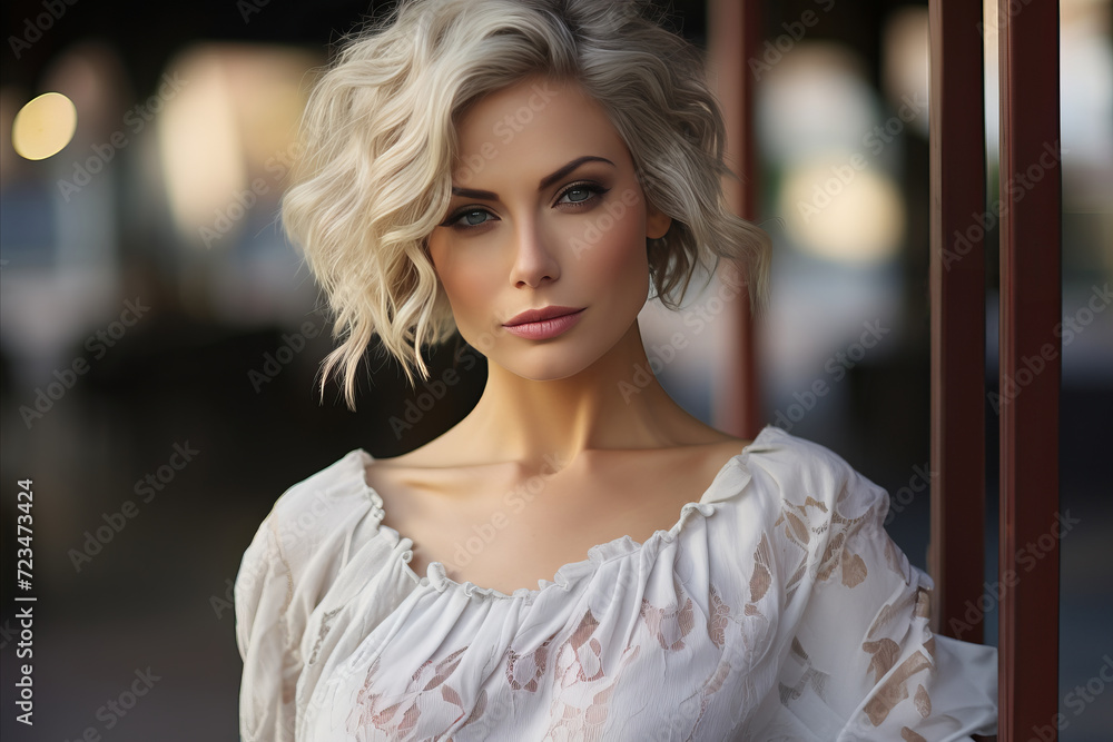 Stunning portrait of a content and elegant young blonde woman with dreamy background. Stunning portrait of a content and elegant young blonde woman with dreamy background.