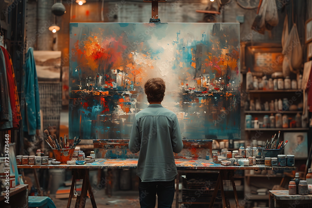 Artist Working on Abstract Oil Painting