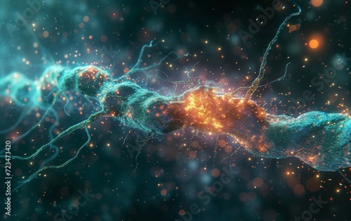 Conceptual illustration of neuron cells with glowing link knots in abstract dark space. © hugo