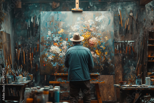 Artist Working on Abstract Oil Painting