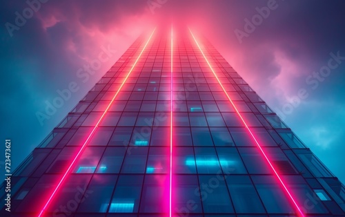 Walls of three-dimensional model of buildings. Models of high-rise buildings with close up. Concept architecture of high-rise housing. Tall houses are lit with neon lights.