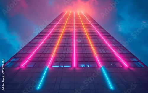Walls of three-dimensional model of buildings. Models of high-rise buildings with close up. Concept architecture of high-rise housing. Tall houses are lit with neon lights.