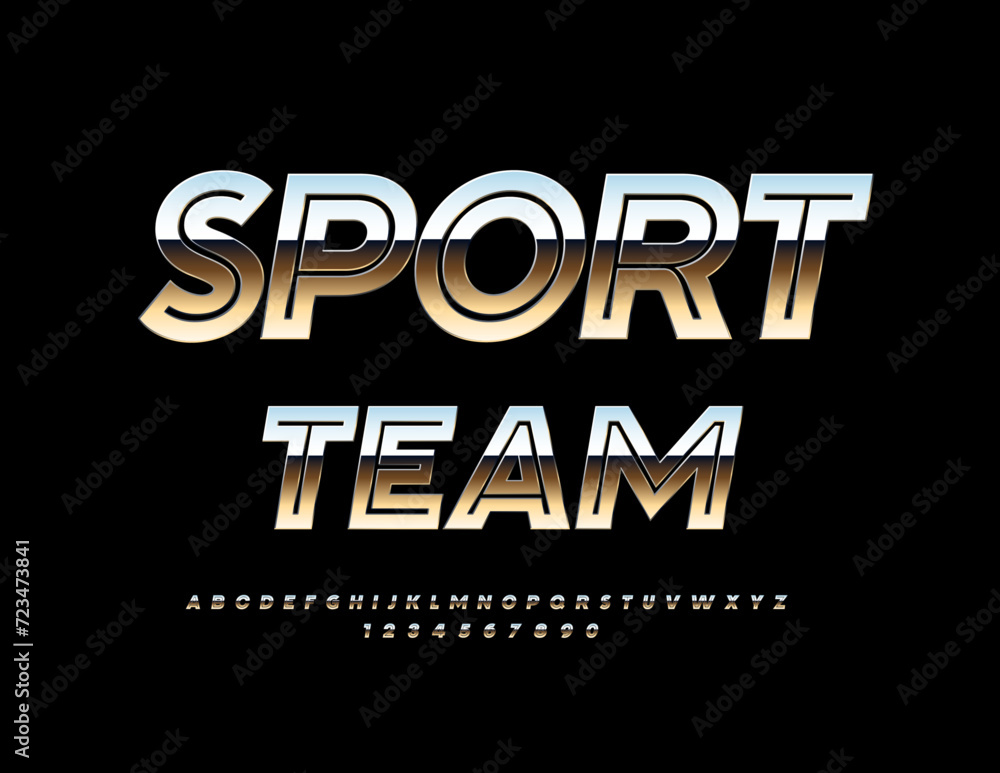 Vector trendy icon Sport Team. Exclusive Silver Font. Cool Alphabet Letters and Numbers set.