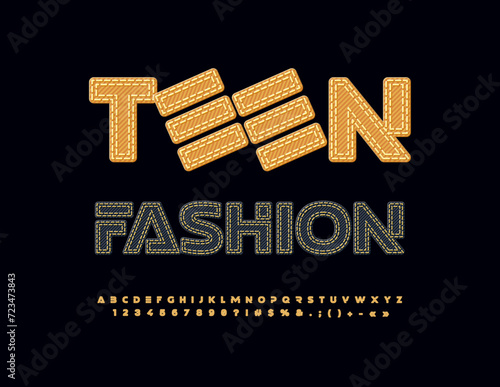 Vector stylish emblem Teen Fashion. Yellow denim Font. Unique fabric Alphabet Letters and Numbers set.