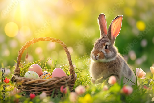 Cute Easter rabbit with basket of colorful eggs and spring flowers on green grass. Little bunny in the meadow. Happy Easter celebration concept. Design for banner, greeting card, postcard