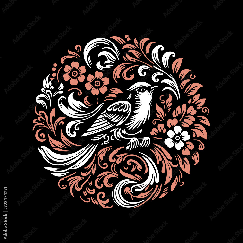 bird with vintage floral ornamet vector illustration, shirt design template