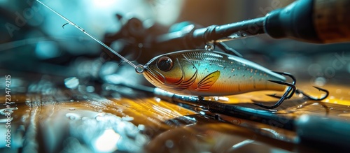 Using a spinning rod and reel, lures are spun on a wooden texture. photo