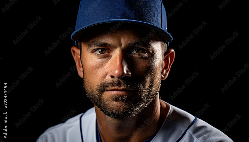 Confident young athlete in baseball uniform, determined and smiling generated by AI Confident young athlete in baseball uniform, determined and smiling generated by AI