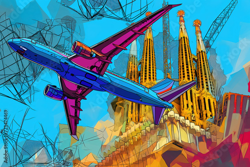 Sagrada Familia and plane illustration pop art cartoon postcard colorful, travel Spain Barcelona Europe photo