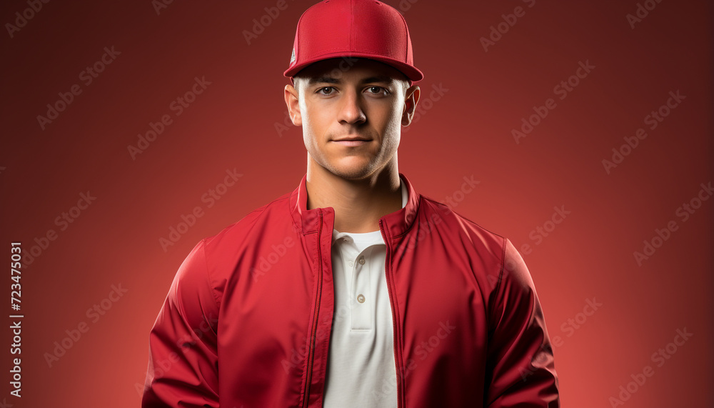 Confident athlete, muscular build, smiling, standing, front view, exercising generated by AI Confident athlete, muscular build, smiling, standing, front view, exercising generated by AI