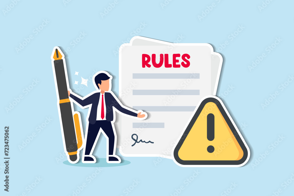 Rules and regulations, policy and guideline for employee to follow, legal term, corporate compliance or laws, standard procedure concept, businessman finish writing rules and regulations document. Rules and regulations, policy and guideline for employee to follow, legal term, corporate compliance or laws, standard procedure concept, businessman finish writing rules and regulations document.