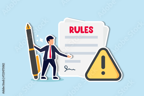 Rules and regulations, policy and guideline for employee to follow, legal term, corporate compliance or laws, standard procedure concept, businessman finish writing rules and regulations document.