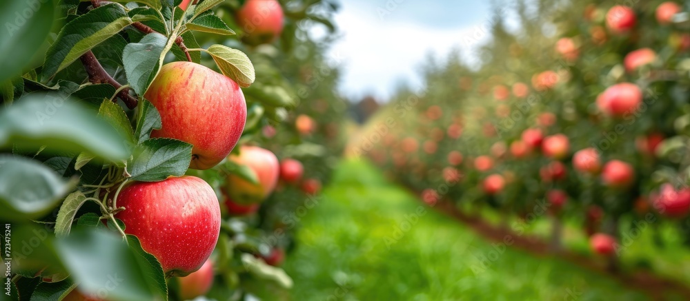 Obraz premium Attractive row of apple orchards on both sides.