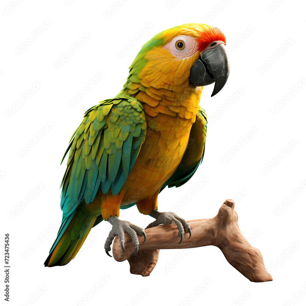 Green parrot on a tree branch, isolated on transparent background