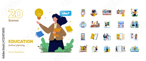 Online learning education back to school illustration set