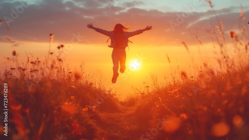 Photo of a person leaping high on a hilltop at sunrise, arms outstretched,