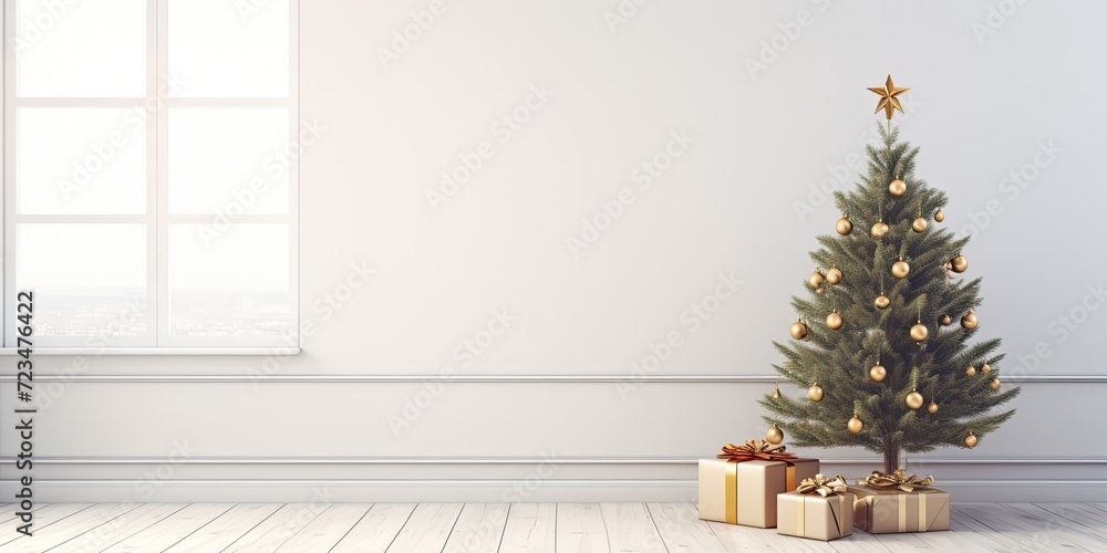 White room interior with wooden floor, featuring a Christmas tree and gift box.