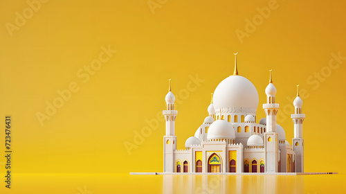 Miniature mosque isolated on yellow background. for islamic celebration day ramadan kareem or eid al fitr adha. copy space, mockup. front view. photo
