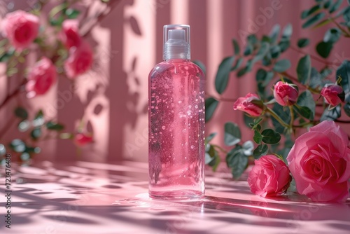 Perfume bottle on pink water splash background. 3d rendering. Skincare cosmetic bottle
