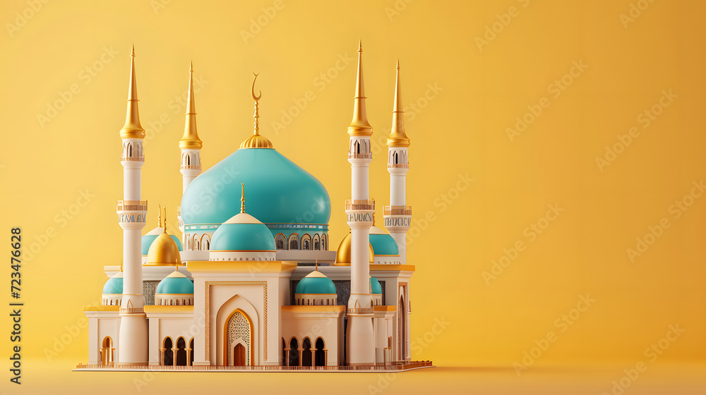 Miniature mosque isolated on yellow background. for islamic celebration day ramadan kareem or eid al fitr adha. copy space, mockup. front view.