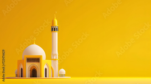 Mosque isolated on yellow background. for islamic celebration day ramadan kareem or eid al fitr adha. copy space, mockup. front view.