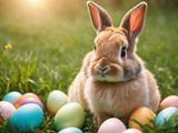Cute Bunny with Colorful eggs  on the grass, Easter holiday background, realistic, real, photography, cinematic golden  light, basket, space for text, happy easter.